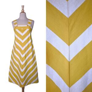 Vintage 70s Canary Yellow White Chevron Stripe A-Line Tent Summer Sundress Dress